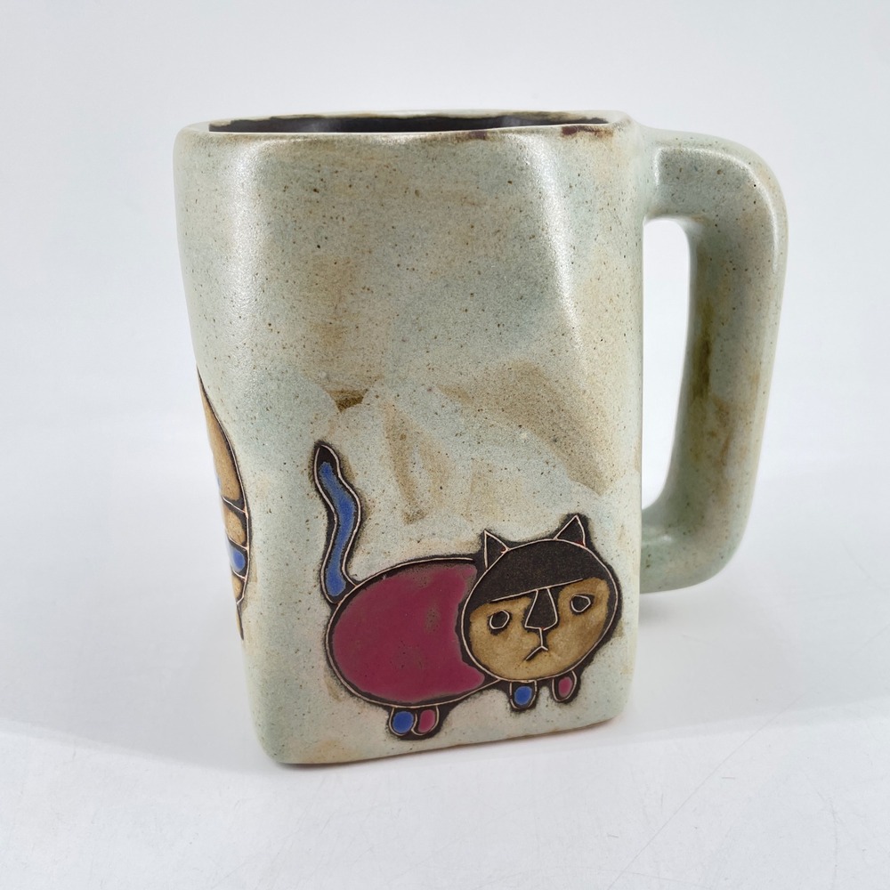 Mara Mexico Artisan Studio Pottery Cat Mug Square Stoneware Signed Folk Art Boho